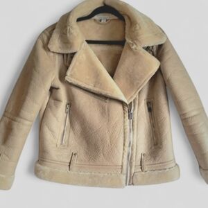 Topshop Faux Suede & Fur Aviator Jacket Beige/Cream Sz 4  EUC